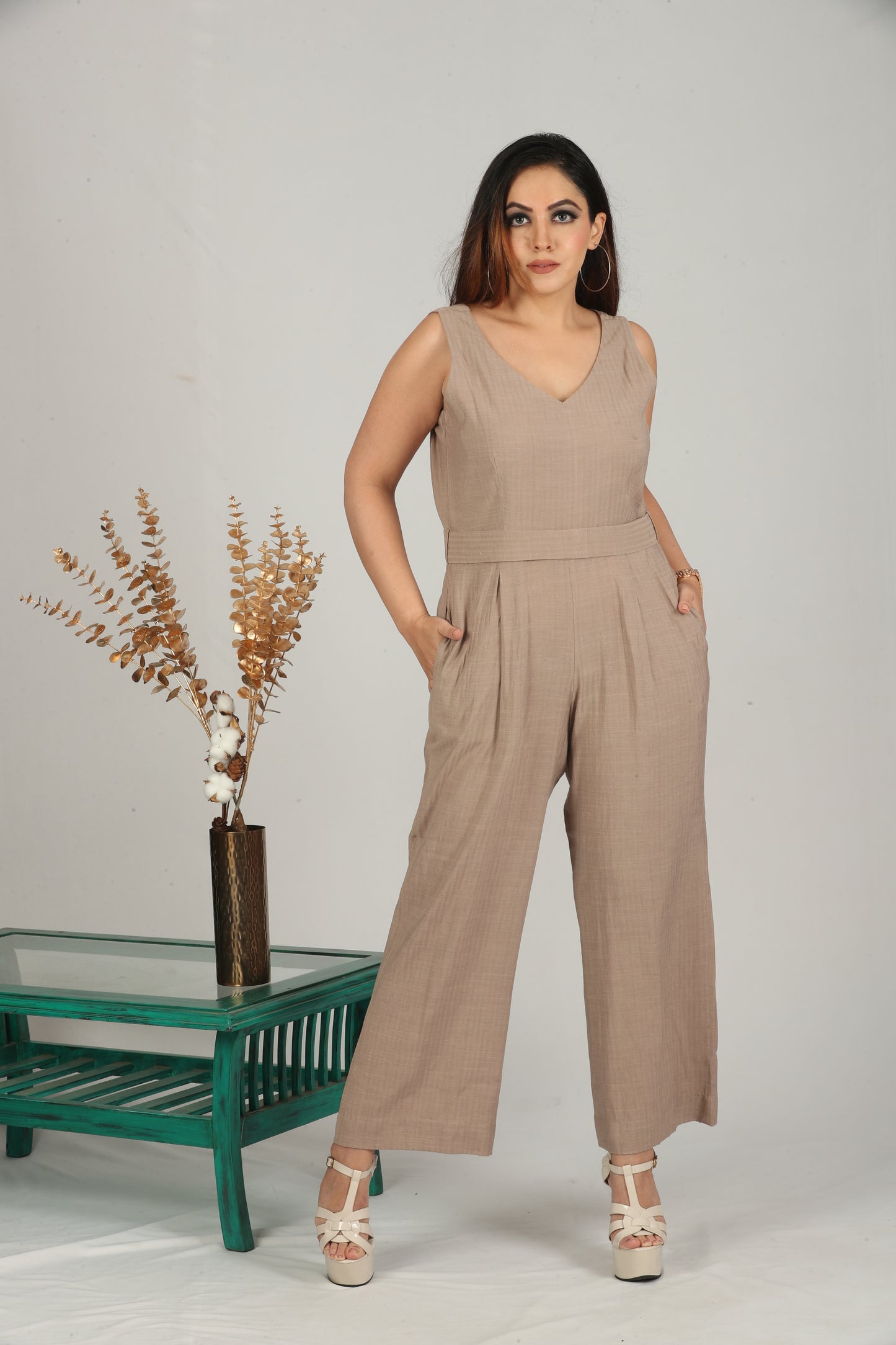 Beige-Sleeveless Jumpsuit